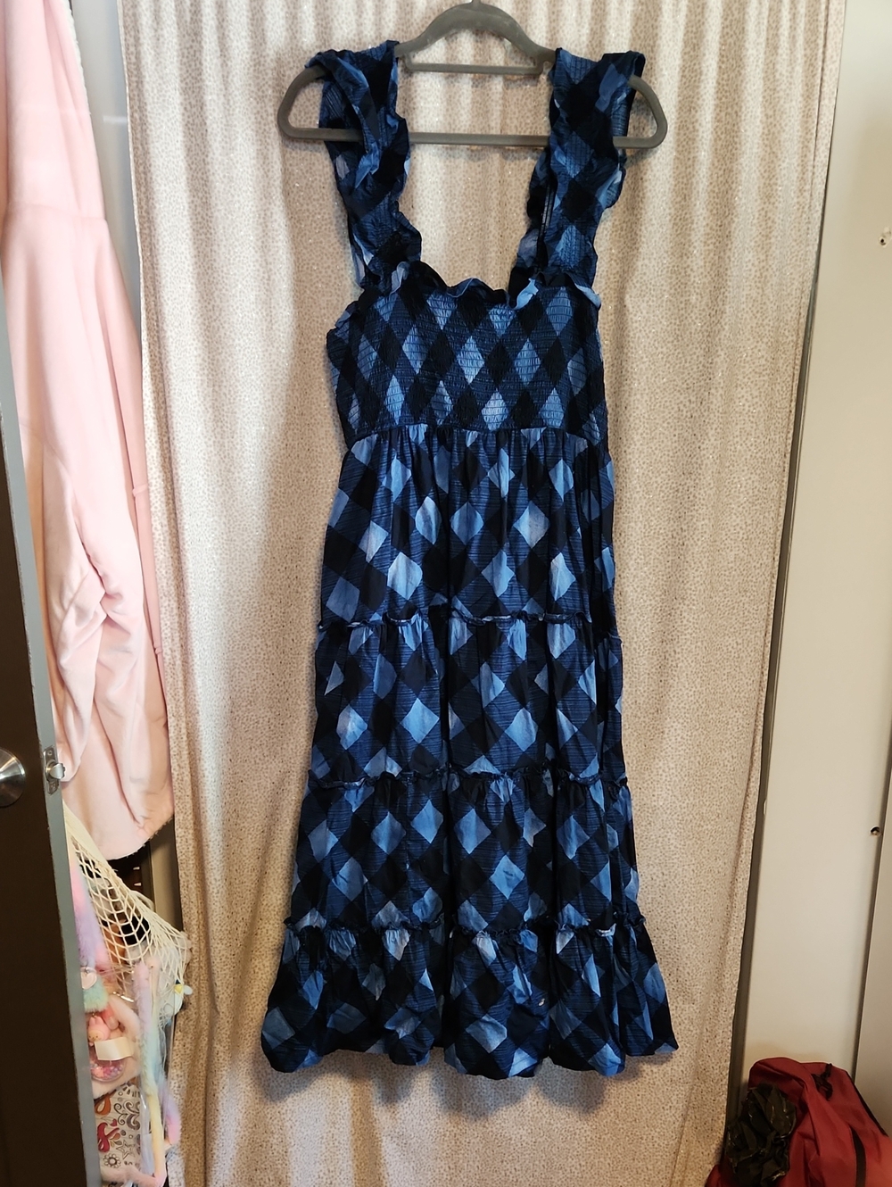 crown & ivy Blue Plaid Ruffle Strap Maxi Dress
